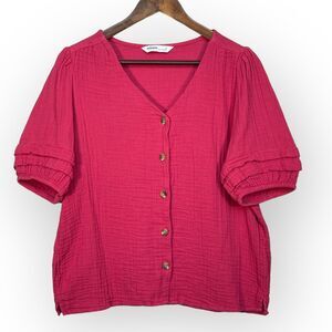 Sonoma Blouse Top Women Size M Pink V‎ Neck Ruffle Puff Sleeve 100% Cotton Gauzy